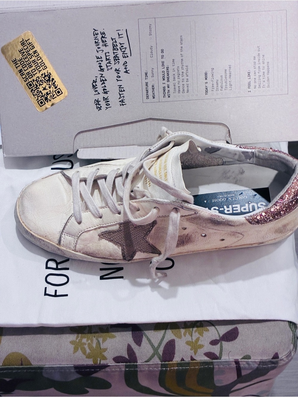 Golden Goose White Sneakers with Rose Gold Star and Glitter Heels - Picture 2 of 4